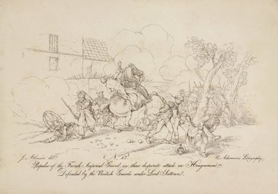 Terugslag van de Franse Keizerlijke Garde, in hun wanhopige aanval op Hougoumont, verdedigd door de Britse wacht onder Lord Saltoun, lithografie door R. Ackermann, 1815 door John Augustus Atkinson